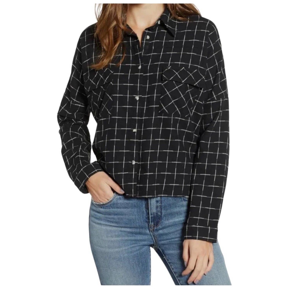 New Love Fire Womens Check Flannel Button Pockets Down Shirt Black S